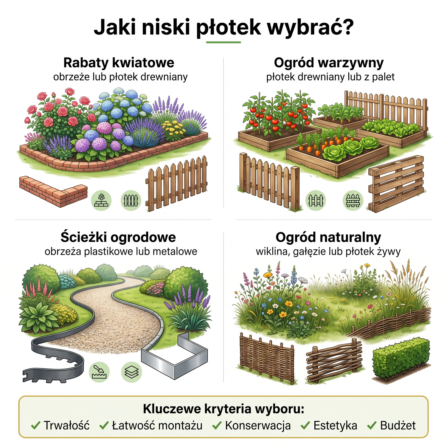 Drewniany płotek oddzielający rabatę kwiatową od trawnika